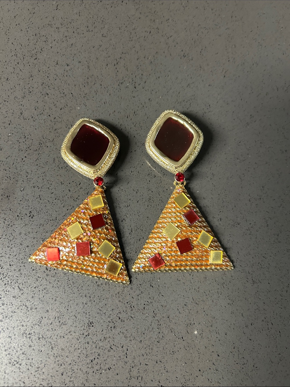 Gold & Red Triangle Drop Clip On Earings - Women Jewelry